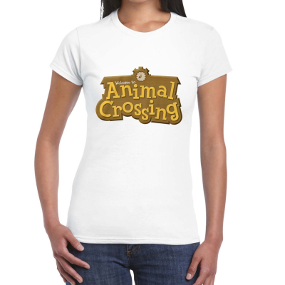** Nintendo Animal Crossing - 3D Logo (Womens White Fitted T-Shirt)  ** weiß
