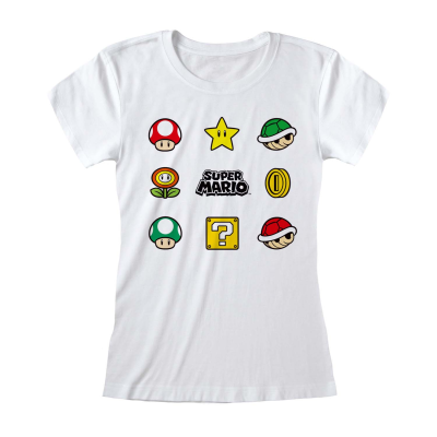 ** Nintendo Super Mario - Items (Womens White Fitted T-Shirt)  ** weiß