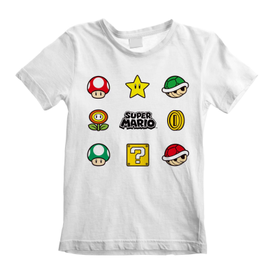 ** Nintendo Super Mario - Items (Unisex White T-Shirt) 12-13 Years ** weiß