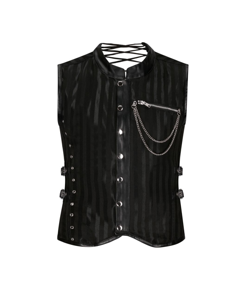 Aderlass Men Corset Brocade Stripe Faux Leather Black-Black