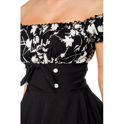 BELSIRA schulterfreies Swing-Kleid schwarz/gemustert